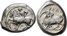 CILICIA. Kelenderis. Circa 430-420 BC. Stater (Silver, 21 mm, 10.70 g, 4 h). Youthful nude rider seated sideways on horse prancing to left, holding wh...