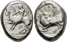 CILICIA. Kelenderis. Circa 430-420 BC. Stater (Silver, 20 mm, 10.78 g, 12 h). Youthful nude rider seated sideways on horse prancing to left, holding w...