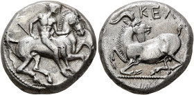 CILICIA. Kelenderis. Circa 410-375 BC. Stater (Silver, 21 mm, 10.61 g, 3 h). Youthful nude rider seated sideways on horse prancing to right, holding w...
