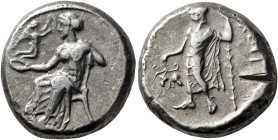 CILICIA. Nagidos. Circa 400-385/4 BC. Stater (Silver, 21 mm, 10.85 g, 1 h). Aphrodite seated left, holding phiale; to left, Eros flying right, crownin...