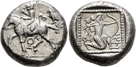 CILICIA. Tarsos. Circa 420-400 BC. Stater (Silver, 20 mm, 10.57 g, 4 h). Satrap on horseback riding left, wearing kyrbasia and with gorytos at his hip...