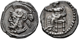 CILICIA. Tarsos. Pharnabazos, Persian military commander, 380-374/3 BC. Obol (Silver, 10 mm, 0.73 g, 3 h). Baaltars seated to left on throne, holding ...
