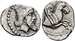 CILICIA. Uncertain. 4th century BC. Obol (Silver, 12 mm, 0.68 g, 9 h). Crowned and bearded head (of the Persian Great King?) to right. Rev. Forepart o...
