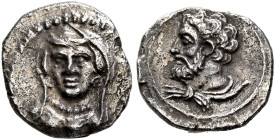 CILICIA. Uncertain. 4th century BC. Obol (Silver, 10 mm, 0.66 g, 9 h). Veiled and draped female bust facing slightly to left, wearing earrings and nec...