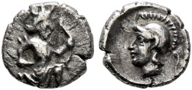 CILICIA. Uncertain. 4th century BC. Tetartemorion (Silver, 6 mm, 0.15 g, 11 h). The Persian Great King in kneeling-running stance right, holding dagge...
