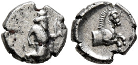 CILICIA. Uncertain. 4th century BC. Tetartemorion (Silver, 6 mm, 0.26 g, 6 h). The Persian Great King in kneeling-running stance right, holding dagger...