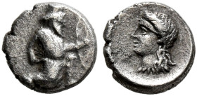 CILICIA. Uncertain. 4th century BC. Tetartemorion (Silver, 5 mm, 0.14 g, 5 h). The Persian Great King in kneeling-running stance right, holding dagger...