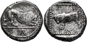 CYPRUS. Uncertain mints. Early 5th century BC. Stater (Silver, 23 mm, 10.39 g, 6 h). Lion at bay to right; in exergue, Λ; all within dotted circle. Re...