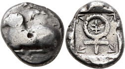 CYPRUS. Salamis. Uncertain kings, circa 480-460 BC. Stater (Silver, 21 mm, 11.08 g, 2 h). Ram recumbent left; around, uncertain letters (?). Rev. Ankh...
