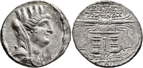 SYRIA, Seleukis and Pieria. Seleukeia Pieria. 105/4-83/2 BC. Tetradrachm (Silver, 30 mm, 14.35 g, 12 h), CY 10 = 100/99. Turreted, veiled and draped b...