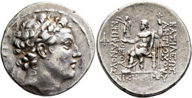 SELEUKID KINGS. Antiochos IV Epiphanes, 175-164 BC. Tetradrachm (Silver, 30 mm, 16.74 g, 12 h), Antiochia on the Orontes, circa 168-164. Diademed head...