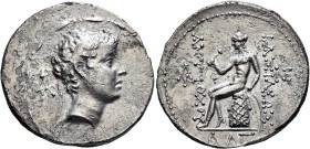 SELEUKID KINGS. Antiochos V Eupator, 164-162 BC. Tetradrachm (Silver, 31 mm, 15.80 g, 12 h), Ake-Ptolemais. Struck under Lysias, 165-164. Diademed hea...