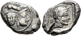 PHILISTIA (PALESTINE). Uncertain mint. Mid 5th century-333 BC. Drachm (Silver, 17 mm, 3.07 g, 1 h). Hybrid janiform head, the left male and facing, th...