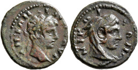 BITHYNIA. Nicaea. Caracalla, 198-217. Hemiassarion (Bronze, 16 mm, 2.05 g, 6 h). ANTONINOC AYT Laureate head of Caracalla to right. Rev. NIKAIΩN Head ...