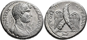 CILICIA. Aegeae. Hadrian, 117-138. Tetradrachm (Silver, 27 mm, 14.02 g, 6 h), CY 180 = 133/4. ΑΥΤΟΚΡ ΚΑΙΣ ΤΡΑΙΑ ΑΔΡΙΑΝΟ ΣΕΒ Π Π Laureate and cuirassed...