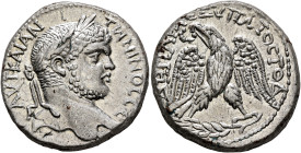 CYPRUS. Koinon of Cyprus. Tetradrachm (Billon, 26 mm, 14.27 g, 12 h), 215-217. AYT KAI ANTⲰNINOC CЄ Laureate head of Caracalla to right. Rev. ΔHMAPX Є...