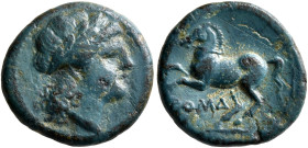 Anonymous, circa 234-231. Litra (Bronze, 15 mm, 2.70 g, 12 h), Rome. Laureate head of Apollo to right. Rev. ROMA Bridled horse prancing left. Crawford...
