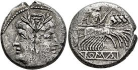 Anonymous, circa 225-214 BC. Quadrigatus - Didrachm (Silver, 18 mm, 5.26 g, 9 h), uncertain mint. Laureate head of Janus. Rev. ROMA (on raised tablet)...