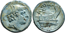 Anonymous, circa 217-215 BC. Semuncia (Bronze, 20 mm, 5.15 g, 12 h), Rome. Draped bust of Mercury to right, wearing winged petasus. Rev. ROMA Prow of ...