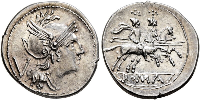 Anonymous, circa 211-208 BC. Quinarius (Silver, 17 mm, 2.35 g, 9 h), Rome. Head ...