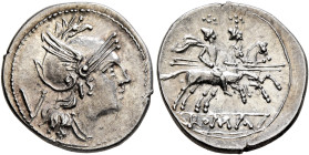 Anonymous, circa 211-208 BC. Quinarius (Silver, 17 mm, 2.35 g, 9 h), Rome. Head of Roma to right, wearing winged and crested helmet; behind, V (mark o...
