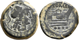 Anonymous, After 211 BC. Triens (Bronze, 25 mm, 11.33 g, 9 h), unmarked series, uncertain mint. Head of Minerva to right, wearing crested helmet; abov...