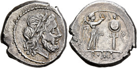 Anonymous, circa 211-208 BC. Victoriatus (Silver, 17 mm, 3.41 g, 7 h), uncertain mint in Sicily. Laureate head of Jupiter to right. Rev. ROMA Victory ...