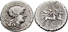 Anonymous, circa 209-208 BC. Denarius (Silver, 21 mm, 3.89 g), Six-spoked wheel series, uncertain mint in Sicily. Head of Roma to right, wearing winge...
