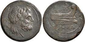 Anonymous, circa 206-195 BC. Semis (Bronze, 26 mm, 12.19 g, 7 h), CA series, Canusum. Laureate head of Saturn to right; behind, S; below, CA. Rev. ROM...