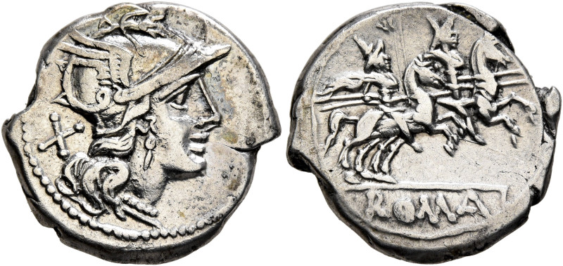 Anonymous, 179-170 BC. Denarius (Silver, 18 mm, 3.75 g, 12 h), Rome. Head of Rom...