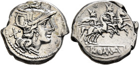 Anonymous, 179-170 BC. Denarius (Silver, 18 mm, 3.75 g, 12 h), Rome. Head of Roma to right, wearing winged helmet and pendant earring; behind, X (mark...
