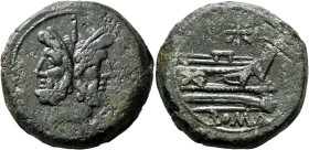 Anonymous, 169-158 BC. As (Bronze, 34 mm, 38.69 g, 7 h), Rome. Laureate head of Janus; above, I (mark of value). Rev. ROMA Prow of galley to right; ab...