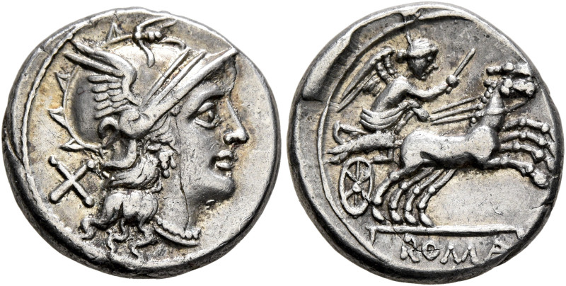 Anonymous, 157-156 BC. Denarius (Silver, 17 mm, 4.49 g, 9 h), Rome. Head of Roma...