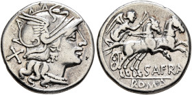 Spurius Afranius, 150 BC. Denarius (Silver, 18 mm, 3.71 g, 3 h), Rome. Head of Roma to right, wearing winged helmet, pendant earring and pearl necklac...