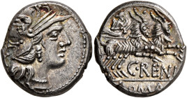 C. Renius, 138 BC. Denarius (Silver, 16 mm, 3.81 g, 12 h), Rome. Head of Roma to right, wearing winged helmet; behind, X (mark of value). Rev. C•RENI ...