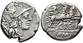 C. Renius, 138 BC. Denarius (Silver, 17 mm, 3.79 g, 3 h), Rome. Head of Roma to right, wearing winged helmet; behind, X (mark of value). Rev. C•RENI /...