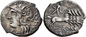 M. Baebius Q.f. Tampilus, 137 BC. Denarius (Silver, 19 mm, 3.90 g, 6 h), Rome. TAMPIL Head of Roma to left, wearing winged helmet; before, X (mark of ...