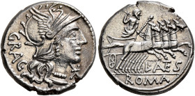 L. Antestius Gragulus, 136 BC. Denarius (Silver, 18 mm, 4.00 g, 6 h), Rome. Head of Roma to right, wearing winged helmet, pendant earring and pearl ne...