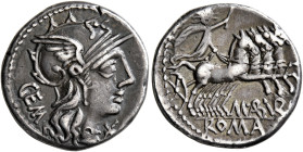 M. Aburius M.f. Geminus, 132 BC. Denarius (Silver, 18 mm, 3.84 g, 7 h), Rome. GEM Head of Roma to right, wearing winged helmet, pendant earring and pe...