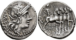 Q. Caecilius Metellus, 130 BC. Denarius (Silver, 18 mm, 3.99 g, 6 h), Rome. Q• ME TE Head of Roma to right, wearing winged helmet, pendant earring and...