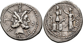 M. Furius L.f. Philus, 120 BC. Denarius (Silver, 22 mm, 3.92 g, 2 h), Rome. M•FOVRI•L•F Laureate head of Janus. Rev. ROMA / PH L I Roma standing front...