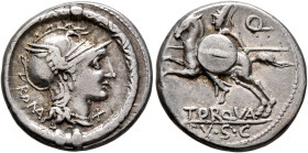 L. Torquatus, 113-112 BC. Denarius (Silver, 18 mm, 3.85 g, 6 h), Rome. Head of Roma to right, wearing crested and winged helmet; behind, ROMA; to righ...