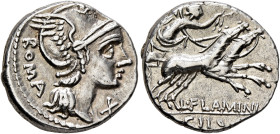 L. Flaminius Chilo, 109-108 BC. Denarius (Silver, 19 mm, 3.95 g, 6 h), Rome. ROMA Head of Roma to right, wearing winged helmet; before, X (mark of val...