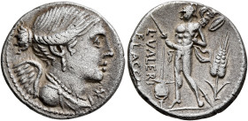 L. Valerius Flaccus, 108-107 BC. Denarius (Silver, 19 mm, 3.79 g, 5 h), Rome. Draped and winged bust of Victory to right; below chin, star (mark of va...