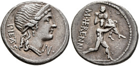 M. Herennius, 108-107 BC. Denarius (Silver, 19 mm, 3.73 g, 11 h), Rome. PIETAS Diademed head of Pietas to right; to right, N•. Rev. M• HE RENNI One of...