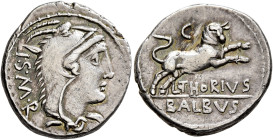 L. Thorius Balbus, 105 BC. Denarius (Silver, 19 mm, 3.95 g, 3 h), Rome. I•S•M•R Head of Juno Sospita to right, wearing goat-skin headdress. Rev. L•THO...
