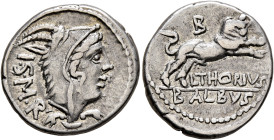 L. Thorius Balbus, 105 BC. Denarius (Silver, 19 mm, 3.85 g, 3 h), Rome. I•S•M•R Head of Juno Sospita to right, wearing goat-skin headdress. Rev. L THO...