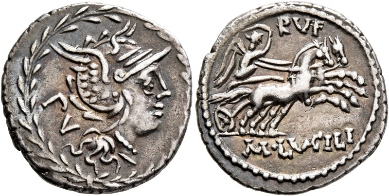 M. Lucilius Rufus, 101 BC. Denarius (Silver, 20 mm, 3.81 g, 6 h), Rome. PV Head ...