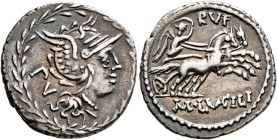 M. Lucilius Rufus, 101 BC. Denarius (Silver, 20 mm, 3.81 g, 6 h), Rome. PV Head of Roma to right, wearing winged helmet and pearl necklace; all within...