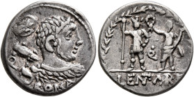 P. Cornelius Lentulus Marcellinus, 100 BC. Denarius (Silver, 18 mm, 3.94 g, 1 h), Rome. ROMA Bust of Hercules to right, seen from behind, draped with ...